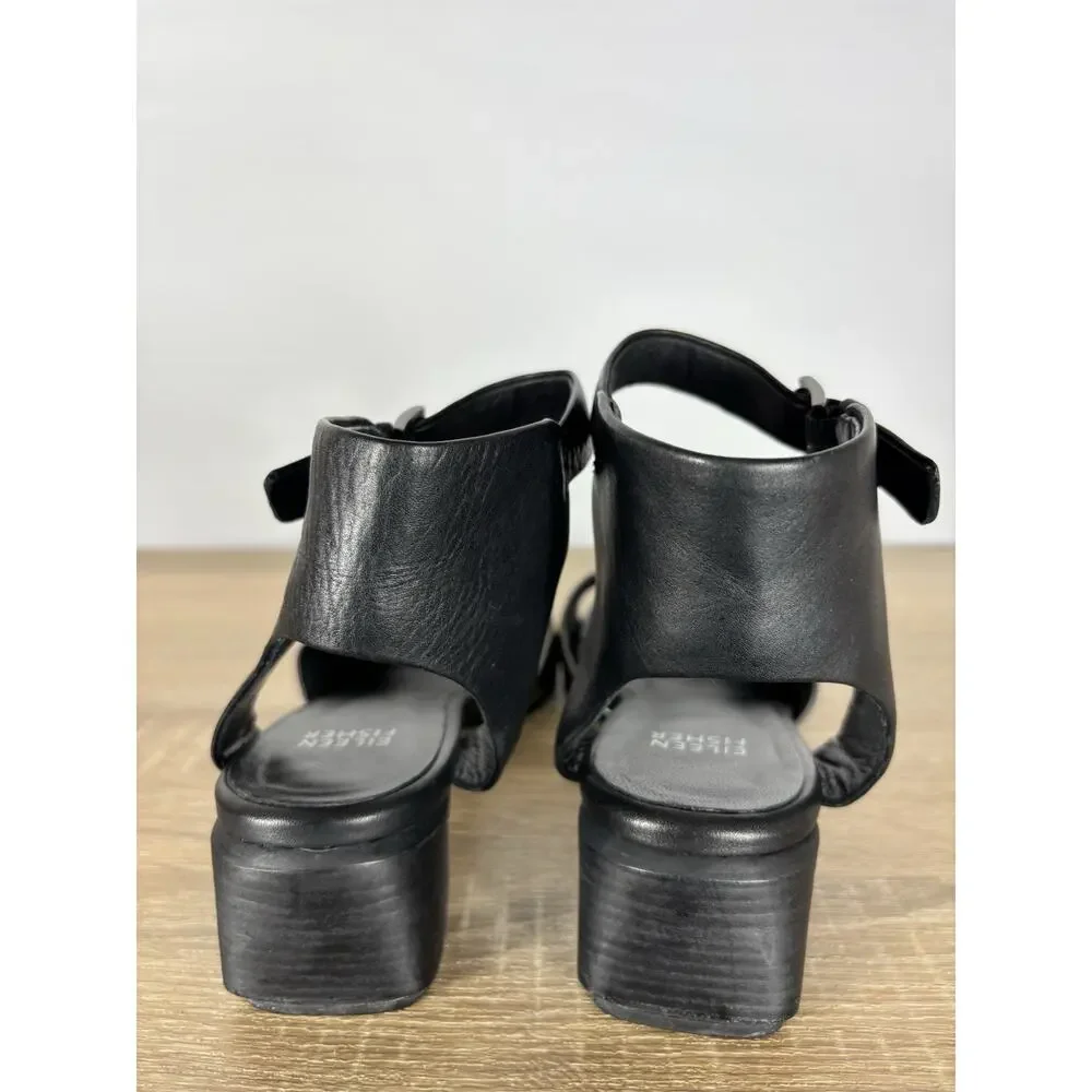 Eileen Fisher Vera Cuoio Leather Block Heel Sandals Pewter Black Womens 7.5